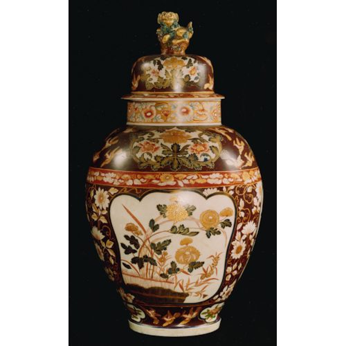 A guarniture of three large Imari-style painted terracotta vases